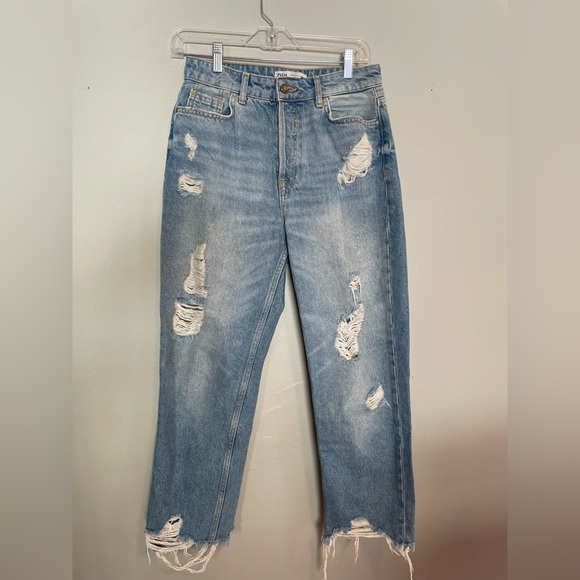 Zara Denim - Zara High Rise Button Fly Distressed Straight Leg Mom Jeans Size 6
